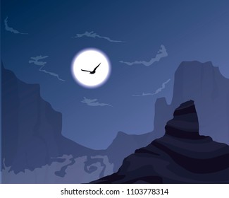 vector illustration of night canyon, rocks and full moon