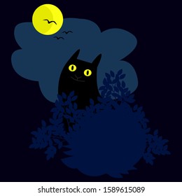 Vector illustration of the night. Cat with big yellow eyes watching out of the bushes, moon in the dark blue sky.
