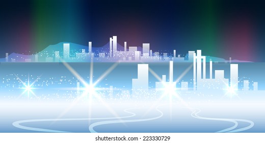 vector illustration of night city against aurora lights
