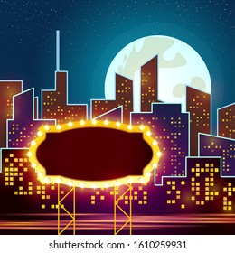 Vector illustration of the night city with a billboar, baner. Retro sign surrounded by incandescent lamps