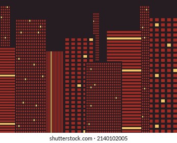 Vector illustration - a night city with brown modern multi-storey buildings with glowing windows against a black sky and a space to copy