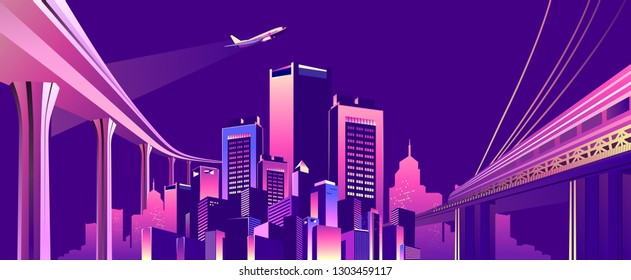 vector illustration, night city buildings skyscrapers big railway bridge with passing subway train and trestle, in ultraviolet colors, city skyscrapers, conceptual banner