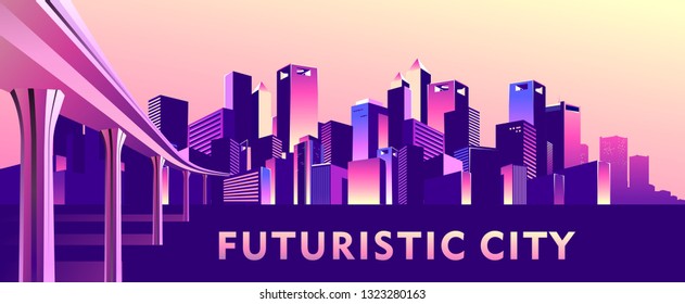 vector illustration, night city buildings skyscrapers big railway bridge with passing subway train and trestle, in ultraviolet colors, city skyscrapers, conceptual banner