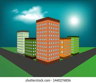 Vector illustration of night city with buildings, clouds and moon at the sky. Cityscape background in flat style. Skyline silhouette with yellow windows. Night view for banner, web design.