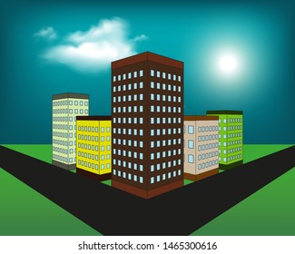 Vector illustration of night city with buildings, clouds and moon at the sky. Cityscape background in flat style. Skyline silhouette with yellow windows. Night view for banner, web design.