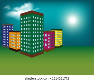 Vector illustration of night city with buildings, clouds and moon at the sky. Cityscape background in flat style. Skyline silhouette with yellow windows. Night view for banner, web design.