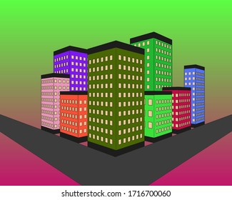 Vector illustration of night city with buildings, clouds and moon at the sky. Cityscape background in flat style. Skyline silhouette with yellow windows. Night view for banner, web design.