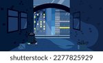 .Vector illustration of a night city in cartoon style. Night walks along a dark and mysterious alley. A street with a box, a trash can, a lantern that refreshes