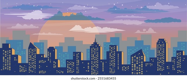 Vector illustration of the night city. Cityscape vector art.