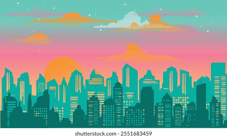 Vector illustration of the night city. Cityscape vector art.