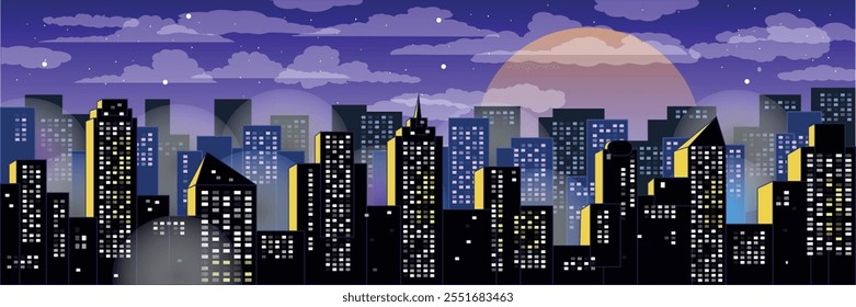 Vector illustration of the night city. Cityscape vector art.
