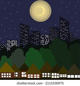 Vector illustration of the night city. Dark city with the moon.  Night city scenery cute house in trees in flat style, dark blue background.