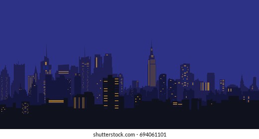 Vector illustration. Night city, houses, high-rise buildings