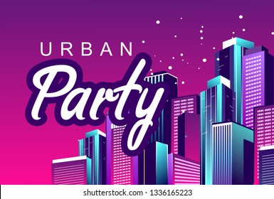 vector illustration night city illuminated by neon lights and fireworks, poster city party