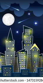 Vector Illustration Of Night City Landscape On Dark Blue Sky Background With Big Moon. Art Design For Web, Site, Advertising, Banner, Poster, Flyer, Brochure, Board, Card, Paper Print.