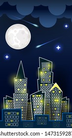 Vector Illustration Of Night City Landscape On Dark Blue Sky Background With Big Moon. Art Design For Web, Site, Advertising, Banner, Poster, Flyer, Brochure, Board, Card, Paper Print.