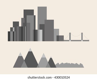 Vector illustration of night city, a large city, houses, skyscrapers, houses, offices, shops, streets, life, illustration on a light background, line, sketch, mountains, forest, nature, transition