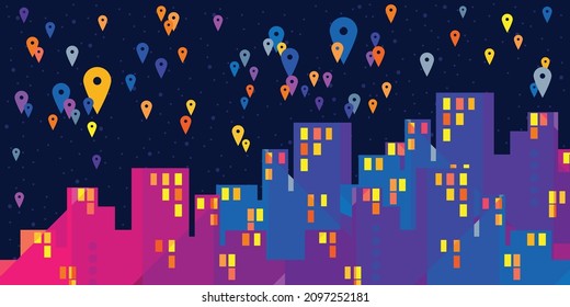 vector illustration of night city and location spots for nightlife navigation and maps