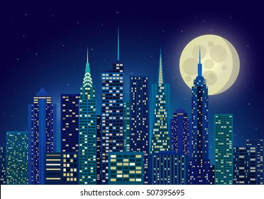 Vector illustration of night city New York moonlight starry sky glow. appartment house banner background. Silhouette of city lights in the windows. Building skyscrapers metropolis.