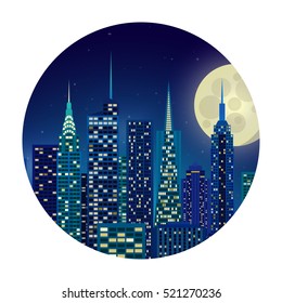 Vector illustration of night city New York moonlight starry sky glow. appartment house banner background. Silhouette of city lights in the windows. Building skyscrapers metropolis.