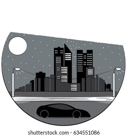 Vector illustration of the night city with silhouette of sport car in round frame. Dark urban scape. Night cityscape in gray and black colors