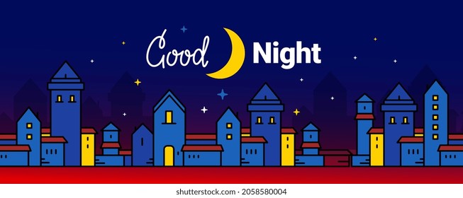 Vector illustration of night city street on dark color sky background with star and shine yellow moon. Line art style design with text good night for web, site, banner, poster, flyer