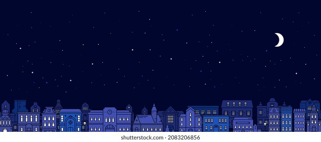 Vector illustration of night city street on dark blue color sky background with shine window and moon. Line art style design of horizontal panorama of european night city with star for web, banner