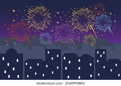 Vector illustration of night city view with new year fireworks, new year's eve flat illustration