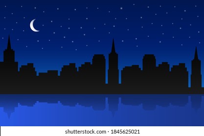 Vector illustration of a night city with water reflection.