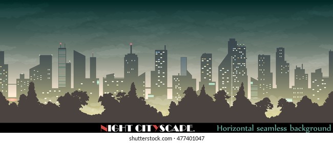 vector illustration of night cityscape horizontal seamless background