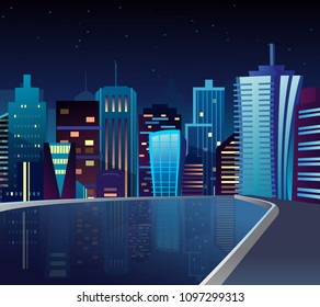 Vector illustration of night cityscape with lake and lights reflection.