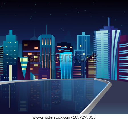 Vector illustration of night cityscape with lake and lights reflection.