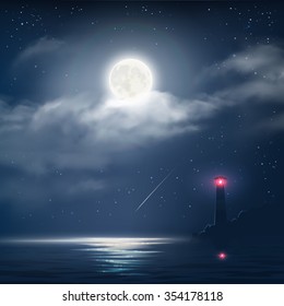 Vector illustration of night cloudy sky with stars, moon and sea with lighthouse