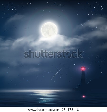 Vector illustration of night cloudy sky with stars, moon and sea with lighthouse