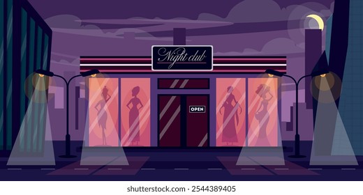 Vector illustration of night club exterior.Cartoon scene of a cityscape with an entertainment facility, a night club, figures of slender girls in windows, lanterns with rays of light, a road, houses.