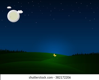 Vector illustration of night country landscape with big moon and a magical flying butterfly