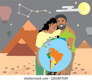 Vector illustration Night in the desert. Happy tourists on the background of the 
Egyptian pyramids hold a globe in their hands.
Interesting photo in the desert.