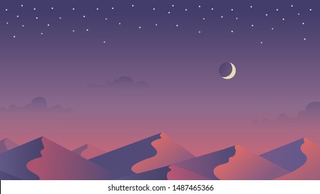 Vector illustration of night desert landscape with sand dunes.