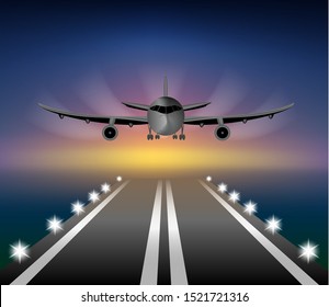 Vector Illustration At Night At Dusk A Plane Lands On The Runway Releasing The Landing Gear, The Arrival Of The Aircraft At Its Destination, The Journey Is Over Landing Lights Are Included