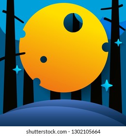 Vector Illustration Of Night Forest With Big Moon And Stars.