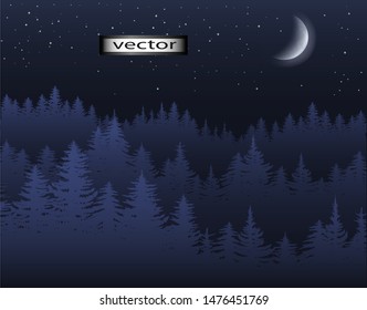 Vector illustration of night forest fabulous dark sky background, moon and stars Christmas Tree silhouettes of coniferous trees