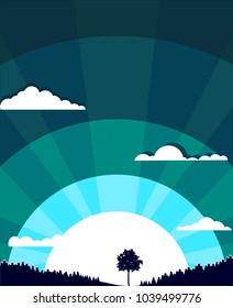 vector illustration of night forest, full moon and clouds in the sky. abstract flat style nature