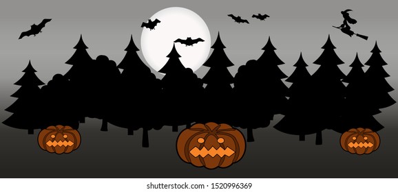 Vector illustration of night forest, full moon and pumpkins.Halloween  design for card,banner,website