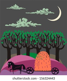 Vector illustration of night forest and horse with wagon 