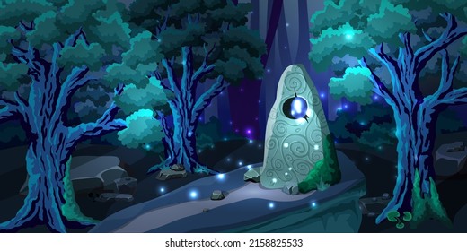 ilustración vectorial del paisaje de los bosques nocturnos. Una piedra mágica con una chispa luminosa en una colina. Las luciérnagas vuelan alrededor de la piedra y de grandes árboles viejos.