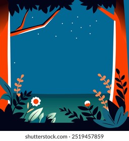 A vector illustration of a night forest scene with stars and plants, created in a flat style using dark and vibrant colors.