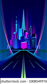 Vector illustration of a night glowing bridge a neon road leaving deep into the sky