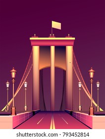 Vector illustration of a night glowing bridge a pink neon road leaving deep into the sky