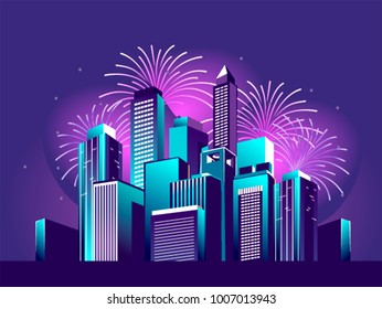 Vector illustration of a night glowing neon city a multi-storey group of buildings in a bright glow of festive fireworks