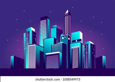 Vector illustration of a night glowing neon city a multi-storey group of buildings in a bright glow of festivities